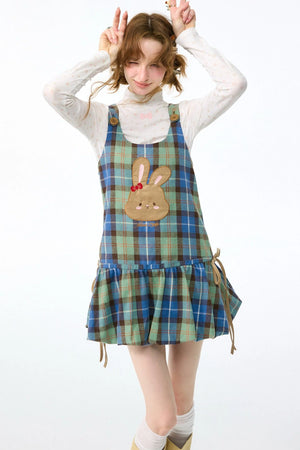 Retro Plaid Rabbit Patch Layered Dress