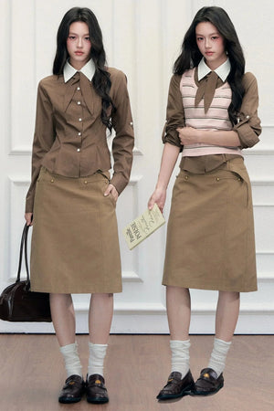 Retro Preppy Color-Blocking Shirt Knitted Vest and Skirt Set-Up