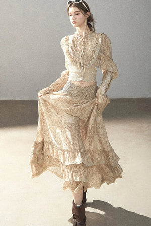 Retro Printed Chiffon Blouse and Skirt Set-Up