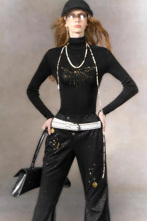 Retro Rhinestone Casual Pants