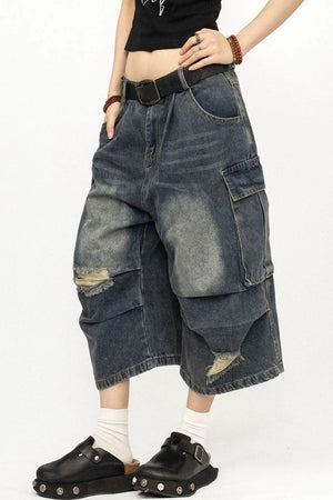 Retro Ripped Denim Capri Pants
