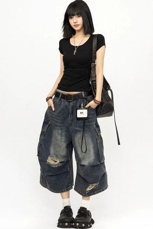 Retro Ripped Denim Capri Pants