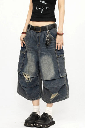 Retro Ripped Denim Capri Pants