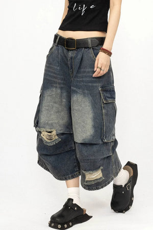 Retro Ripped Denim Capri Pants