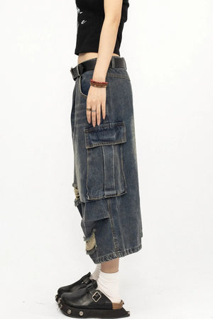 Retro Ripped Denim Capri Pants