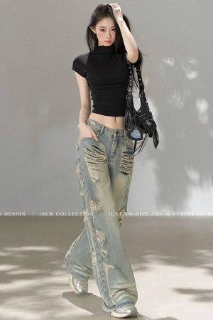 Retro Ripped Denim Pants