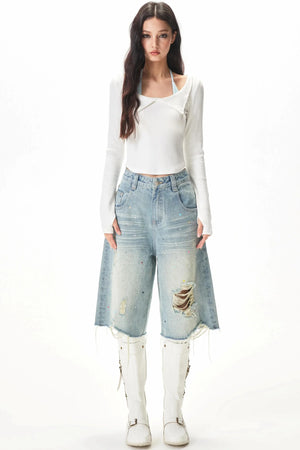 Retro Ripped Denim Shorts