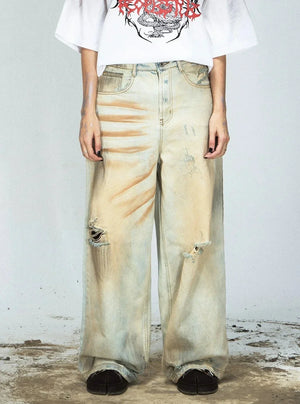 Retro Ripped Yellow Denim Pants