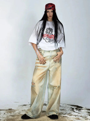 Retro Ripped Yellow Denim Pants