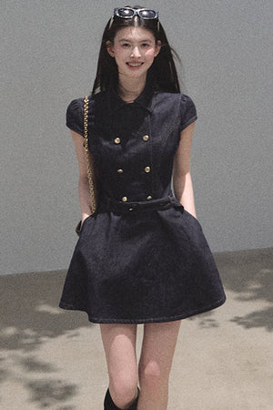 Retro Short Sleeve Denim Dress Set-Up
