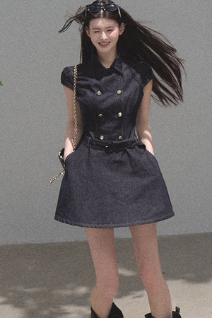 Retro Short Sleeve Denim Dress Set-Up