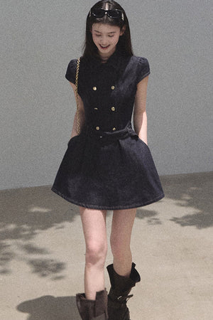 Retro Short Sleeve Denim Dress Set-Up