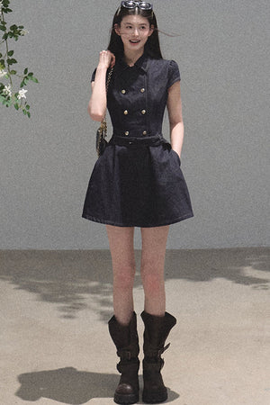 Retro Short Sleeve Denim Dress Set-Up