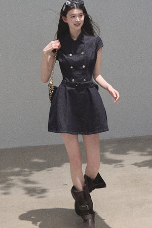 Retro Short Sleeve Denim Dress Set-Up