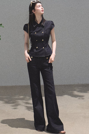 Retro Short Sleeve Denim Dress Set-Up