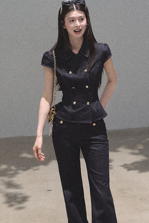 Retro Short Sleeve Denim Dress Set-Up
