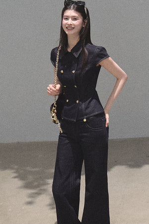 Retro Short Sleeve Denim Dress Set-Up