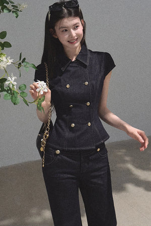 Retro Short Sleeve Denim Dress Set-Up
