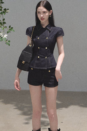 Retro Short Sleeve Denim Dress Set-Up