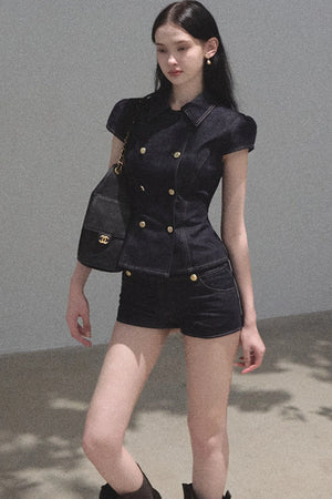 Retro Short Sleeve Denim Dress Set-Up