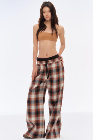 Retro Slim Wide-Leg Plaid Pants
