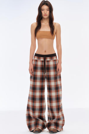 Retro Slim Wide-Leg Plaid Pants