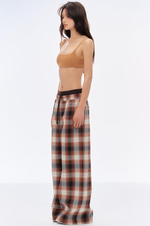 Retro Slim Wide-Leg Plaid Pants