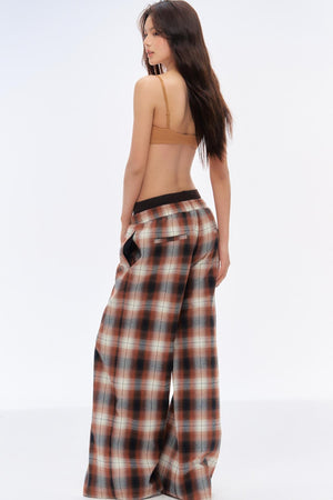 Retro Slim Wide-Leg Plaid Pants
