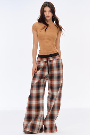 Retro Slim Wide-Leg Plaid Pants