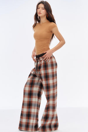 Retro Slim Wide-Leg Plaid Pants