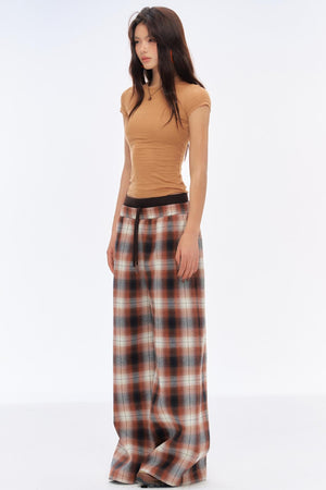 Retro Slim Wide-Leg Plaid Pants