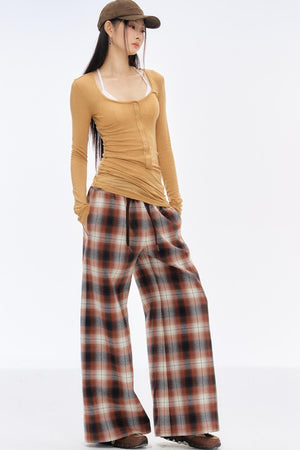 Retro Slim Wide-Leg Plaid Pants