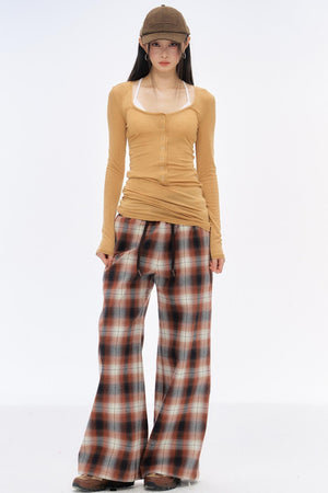 Retro Slim Wide-Leg Plaid Pants