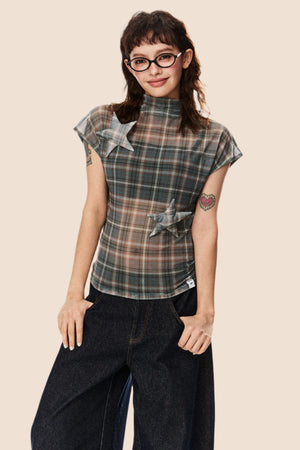 Retro Star Patch Plaid Mesh Top