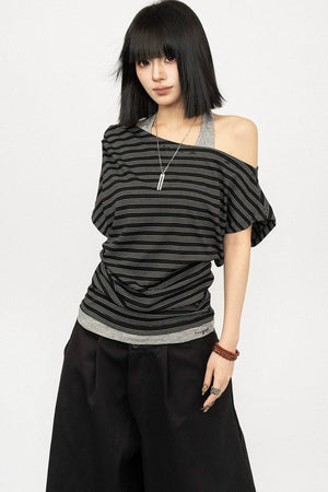 Retro Striped Halter Off-Shoulder Top