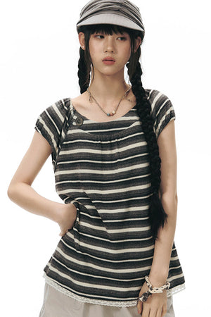Retro Striped Lace Knit Top