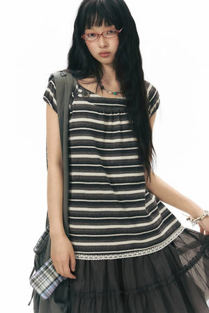 Retro Striped Lace Knit Top