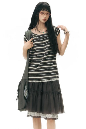 Retro Striped Lace Knit Top
