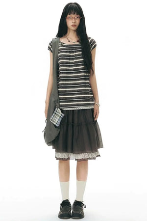 Retro Striped Lace Knit Top