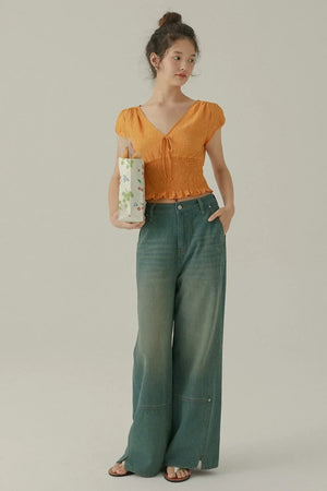 Retro V-Neck Balloon Sleeve Top