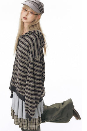 Reversible Striped Hooded Knit Cardigan