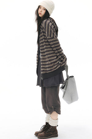 Reversible Striped Hooded Knit Cardigan