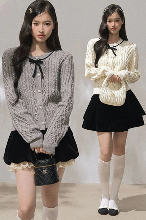 Rhinestone Bow Knit Cardigan Top and Velvet Skirt Set-Up