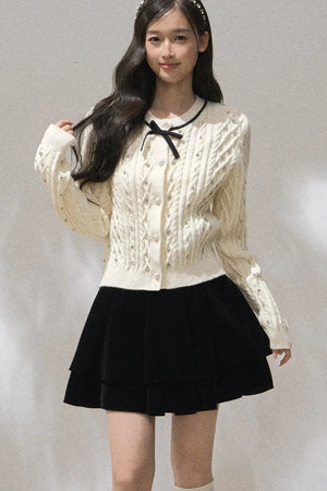Rhinestone Bow Knit Cardigan Top and Velvet Skirt Set-Up