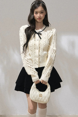 Rhinestone Bow Knit Cardigan Top and Velvet Skirt Set-Up