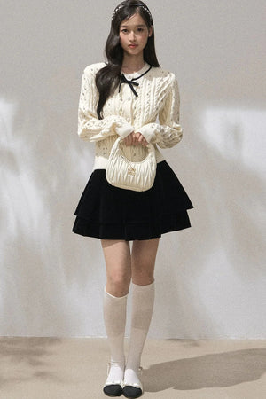 Rhinestone Bow Knit Cardigan Top and Velvet Skirt Set-Up