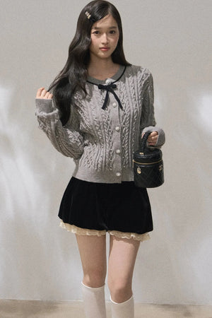 Rhinestone Bow Knit Cardigan Top and Velvet Skirt Set-Up