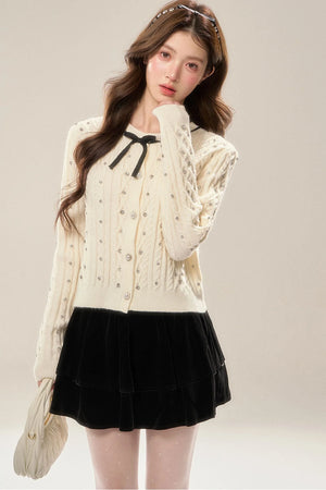 Rhinestone Bow Knit Cardigan Top and Velvet Skirt Set-Up
