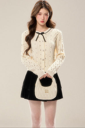 Rhinestone Bow Knit Cardigan Top and Velvet Skirt Set-Up