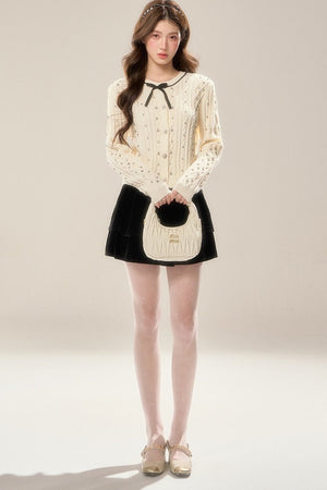 Rhinestone Bow Knit Cardigan Top and Velvet Skirt Set-Up